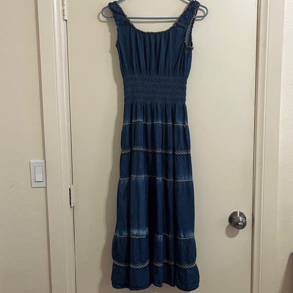 Indigo & Lace Womens Tiered Denim Smocked Dress Small Boho Cottage Prairie Maxi - Picture 2 of 9